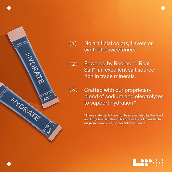 LTH Hydrate Hydration Mix - Trusted by Life Time Fitness Members - NSF Certified for Sport - Electrolyte Powder - Plant-Based, Non-GMO, Gluten Free - 15 Single-Serve Packets (Peach Mango)