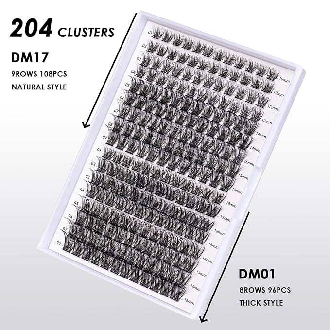 Lash Clusters 204 Pcs Individual Lashes Clusters Eyelash Extensions False Eyelashes DIY Lash Extension Kit Reusable False Eyelashes Natural Look Mix 10-16mm C D Curl(DM01+DM17)