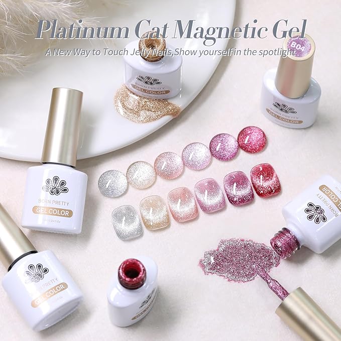 Born Pretty Magnetic Gel Polish Platinum Glitter Cat Magnetic Gel Nail Polish Silver Rose Gold Pink Red Purple Nail Salon DIY at Home