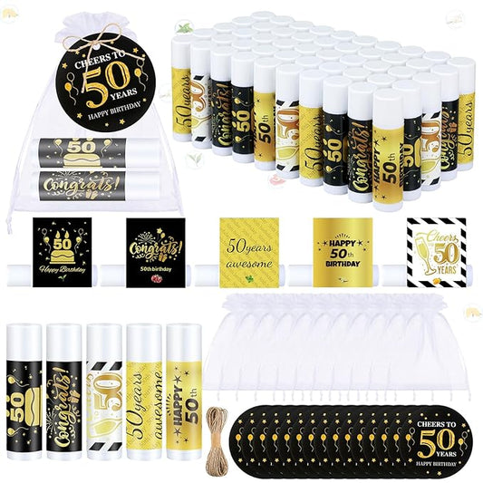 50 Sets Birthday Favors Lip Balm Gifts Bulk Moisturizing Lip Balm with 50 Organza Drawstring Gift Bag 50 Tags Birthday Party Supplies Gifts Bulk for Men and Woman (50th Birthday)