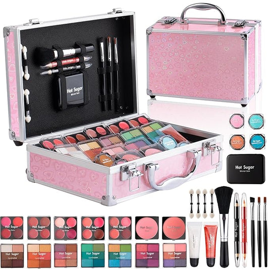 Hot Sugar Makeup Kit for Teenager Girls - Full Starter Cosmetics Set with Eye Shadow Lip Balm Blush Lip Gloss Brush Lip Pencil Eye Pencil and Mirror (Pink Love)