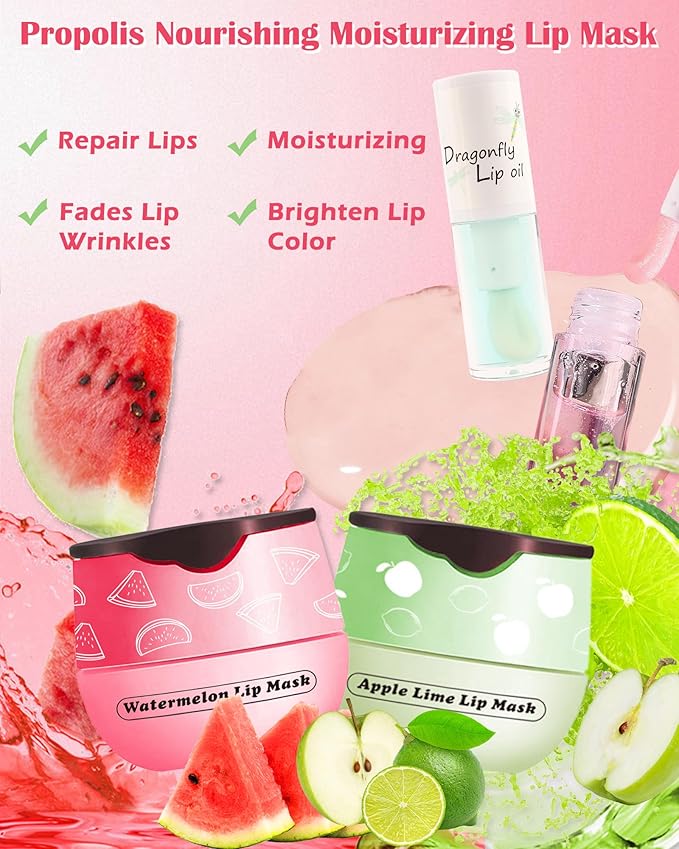 2Pcs Apple Lime Lip Bee Balm Honey Pot Lip Mask & Lip Glowy Oil Lip Gloss Care Set, Propolis Moisturizing & Nourish Lip Gloss Repair, Plump Dry Cracked Lip Scrub Exfoliator bálsamo para labios -Set D