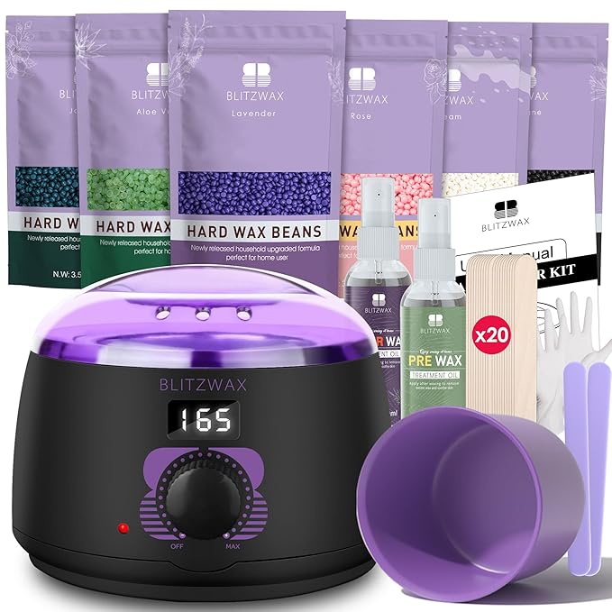BLITZWAX Brazilian and Bikini Waxing Kit for Women, Hard Wax Warmer for Face, Legs and Body, At Home Hair Removal Kit, Beginner Friendly, Fast Heating, 51 Accessories, 6 Types Wax Bean Formula