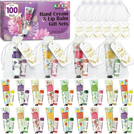 AZEN 100 Sets Hand Cream Bulk and Lip Balm Bulk Set, Bridal Shower Gifts for Guests with Organza Bag Thank You Card, Thank You Gifts for Coworkers Women Men, Bridal Wedding Favors for Guests