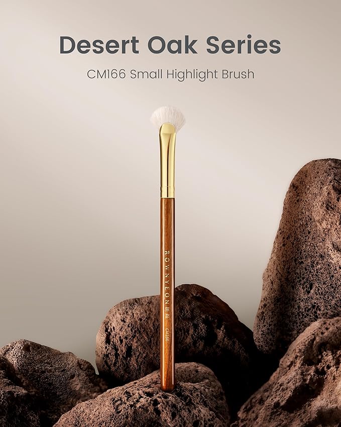 Desert Oak Series Mini Fan Brush - Ultra-Fine Goat Hair for Precision Highlighting, Flat Fan Shape Targets Cheekbones/Nose Bridge, Ebana Bubinga Handle & Brass Ferrule (CM 166)