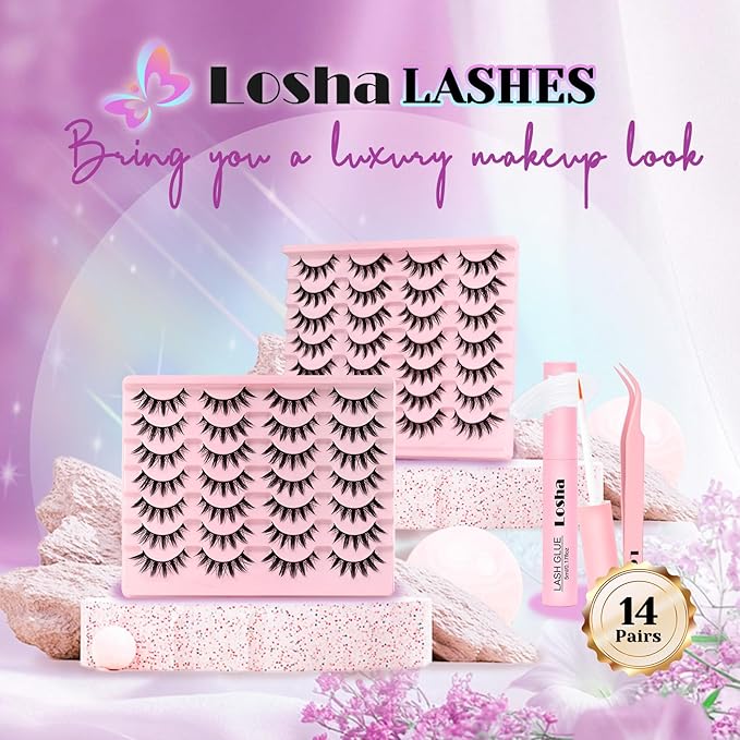 Losha Lashes Spiky Manga Lashes 14 Pairs Wispy False Eyelashes Natural Eye Lashes Kit with Lash Glue and Lash Tweezers Soft Anime Fake Eyelashes (Fairy)