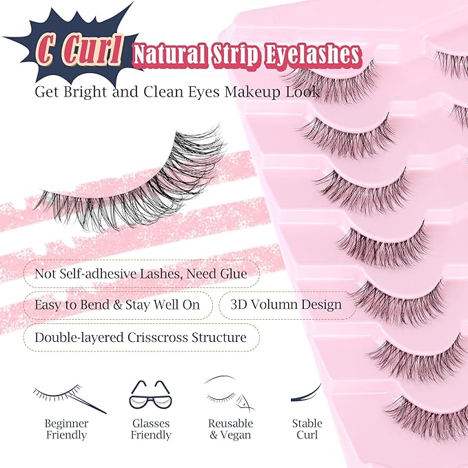 Lashes Natural Look False Eyelashes Wispy 13mm Eye Lashes Pack with Thin Cotton Band C Curl Fake Eyelashes 3D Volume For Daily Siligli Lash 7 Pair