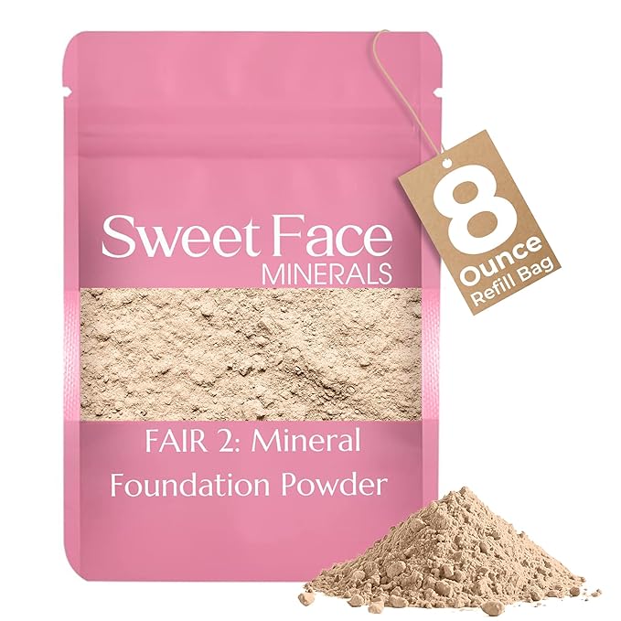 (8 Ounce) (Fair Shade 2) Foundation Powder Refill By Sweet Face Minerals, Lightweight Mineral Loose Makeup Powder with SPF 20, Full Coverage Flawless Finish, Talc-free, Cruelty-Free, Refill Pouch