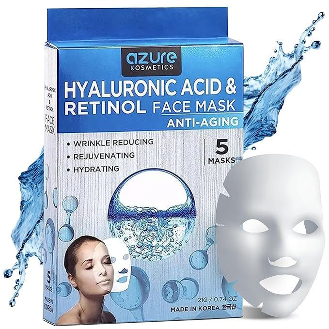 Azure Cosmetics Hyaluronic Acid & Retinol Face Mask - Dermatologist Tested - Rejuvenating & Hydrating Sheet Mask - Reduce Fine Lines & Wrinkles, Smooths & Repairs - Korean Skin Care - Pack of 5