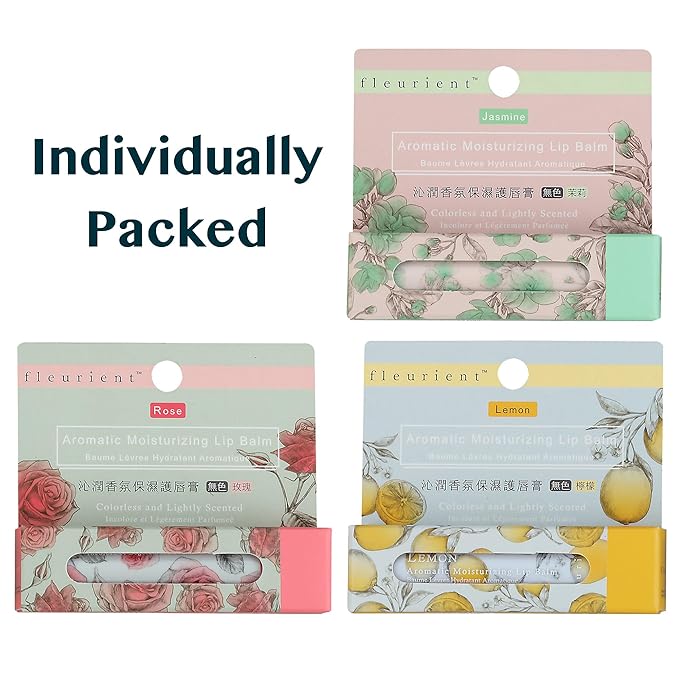 Aromatic Moisturizing Lip Balm-Jasmine, Rose, Lemon | Hydrating, Colorless & Lightly Scented lip moisturizer with Vitamin E (Pack of 3 Scents-0.12oz EA.)