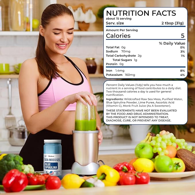 Biolore Sea Moss Gel - Blue Spirulina 16oz, Wildcrafted Irish Seamoss with Essential Vitamins & Trace Minerals, Vegan Superfood Made in USA