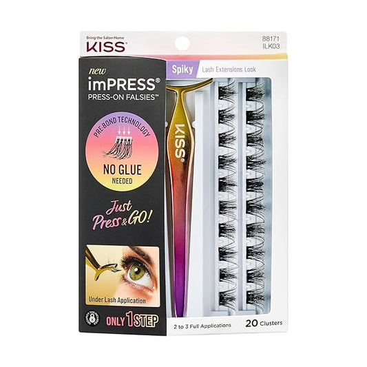 KISS imPRESS Falsies Press On Self Adhesive Eyelashes, 12mm-14mm Glam Volume Press On Lashes, Black, No Glue Needed, Invisible Band, 20 Lash Clusters & Non-Stick Applicator - Spiky