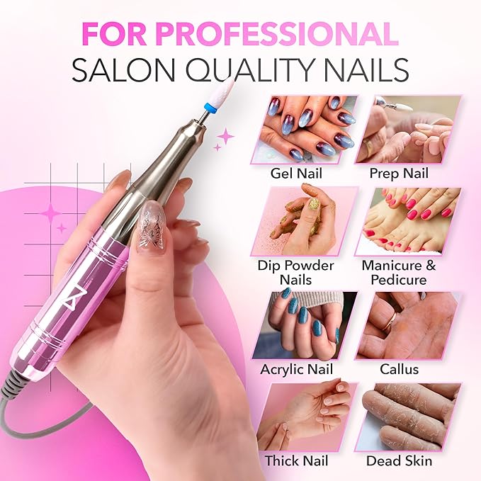 M Mase- Professional Nail Drill Machine - Coreless 2-in-1 Nail File - Electric, Cordless, 35000 RPM, HD Display - Electric Nail Drill for Professional & Home Use (Unicorn Pink)