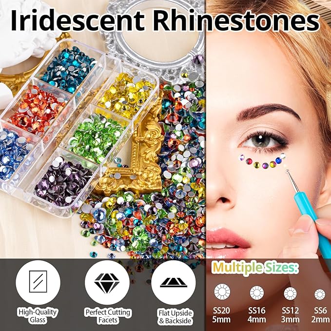 Colorful Face Gems for Makeup Set, Flatback Gorgeous AB+Clear+Mixed-Colored Glass Gems with Picker Pencil, Makeup Glue, Dual-End Dotting Tool and Tweezer for Eye Body Hair Make-up and Nail Art Deco