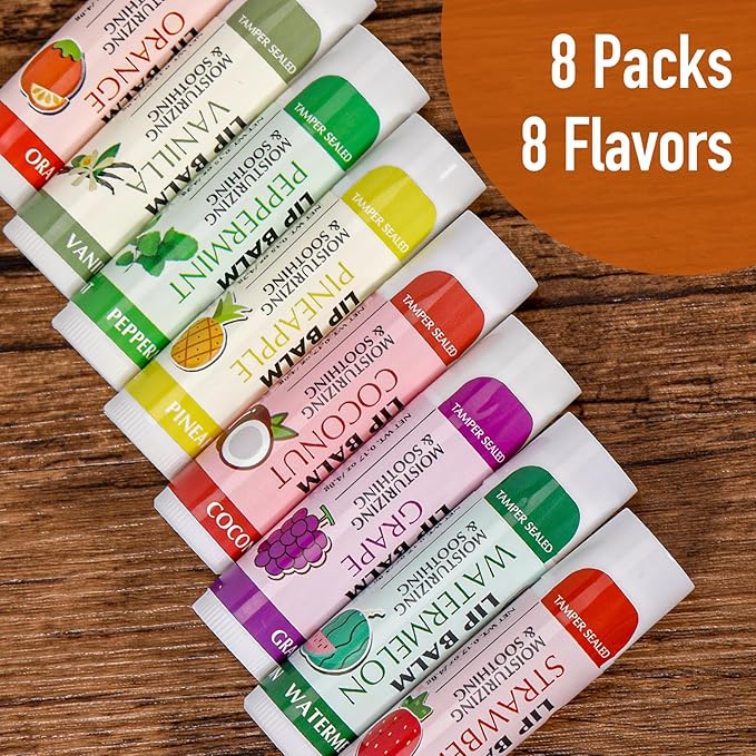 AZEN 8 Pack Lip Balm Stocking, Natural Lip Balm Bulk, Moisturizing Lip Balm for Dry Lips