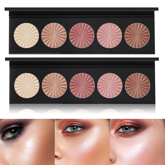 2 Packs Highlighter Powder Palette, 5 Colors Makeup Palette Contour Palette Eyeshadow Makeup Kit Waterproof Long Lasting Brilliant Lighten Skin Color Professional Face Shading Set (2, brown, Large)