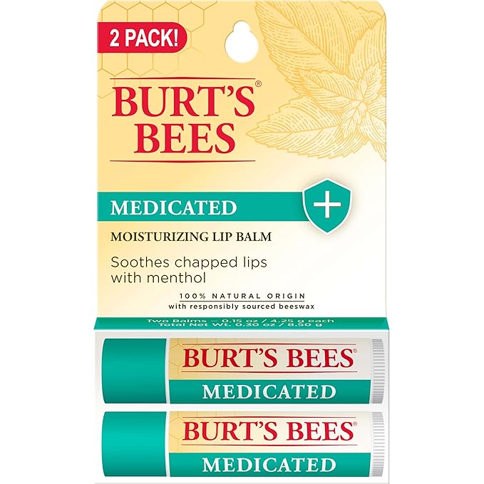 Burt's Bees Medicated Lip Balm, With Eucalyptus Oil and Menthol, Tint-Free, Natural Origin Lip Care, 2 Tubes, 0.15 oz.