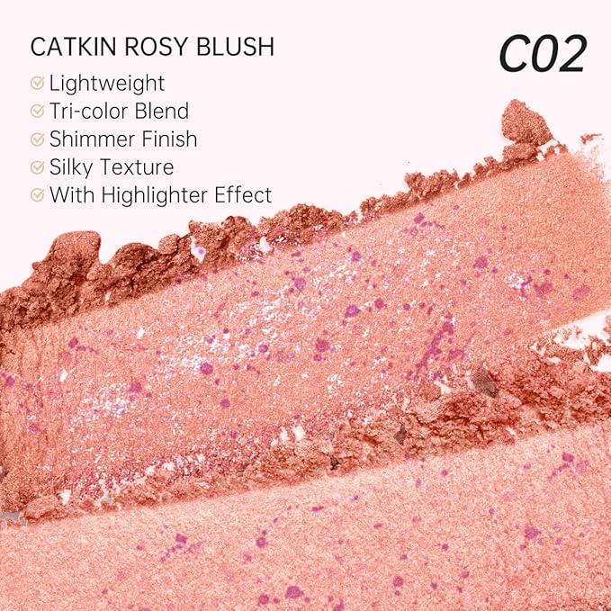 CATKIN Powder Blush for Cheek Blusher Natural Shimmering Blush & Highlight 2 in 1 Creamy Blendable Baked Blush Palette 10g C02 Lovely Cheek