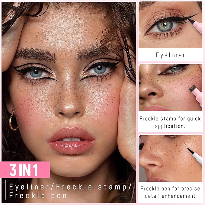 2pcs Freckle Stamp Pen with Eyeliner for Natural Lifelike Faux Freckle 2 in 1 Fake Freckles Stain Marker Pen for Waterproof Long Wear Sunkiss Makeup #Light Brown&Black