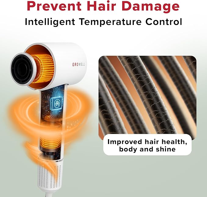 GroWell Ionic Hair Dryer, High-Speed Brushless Motor Professional Blow Dryer for Fast Drying, Low Noise, Lightweight, Compact Hair-Dryer with Diffuser for Curly Hair