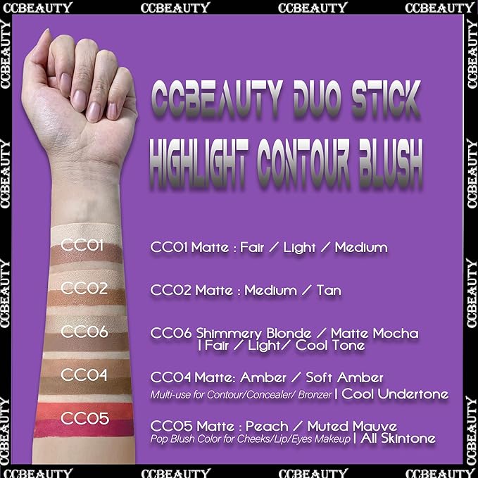 CCbeauty 2-IN-1 Contour Stick Cool Tone, Cream Dual Bronzer Concealer Shade with Cool toned Matte Finish, Contouring Bronzing Makeup for Face Shaping Makeup, Amber & Soft Amber