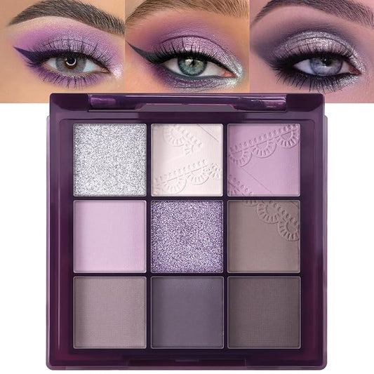 Erinde 9 Colors Eyeshadow Palette, Matte Shimmer Glitter Eye Shadow Palette Makeup, Highly Pigmented Long Lasting Waterproof, Natural Neutral Nude Eyeshadow Make Up Pallet, Purple Dreamscape