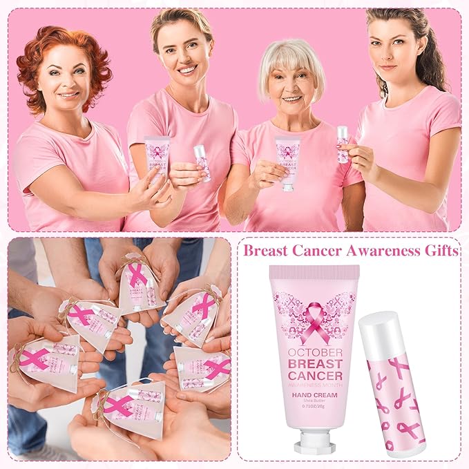 50 Set Breast Cancer Awareness Gifts Bulk Woman Pink Ribbon Lip Balm Hand Cream Include 50 Lip Balm 50 Hand Cream 50 Bag 50 Tag Breast Cancer Awareness Month Items Survivors Offices