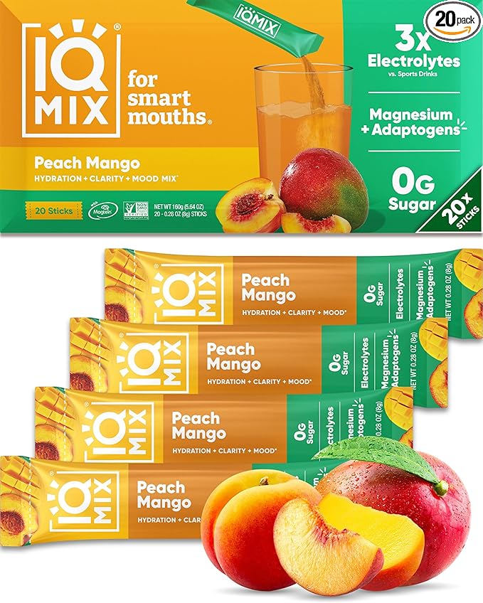 IQMIX Hydration Electrolyte Powder – 4-in-1 Formula for Hydration, Mental Clarity, Mood and Recovery – Sugar-Free Drink Mix, Keto, Magnesium L-Threonate, Lion’s Mane – 20 Count Peach Mango