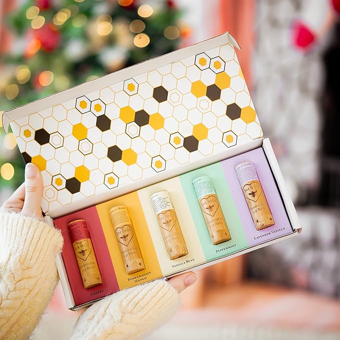Bee Bella Lip Balm Variety Pack Gift Set, Cherry, Pomegranate Mango, Vanilla Bean, Peppermint, & Lavender Vanilla, 5 Pack - Hydrating, Moisturizing, Natural, Organic Beeswax, Vitamin E, Made in USA