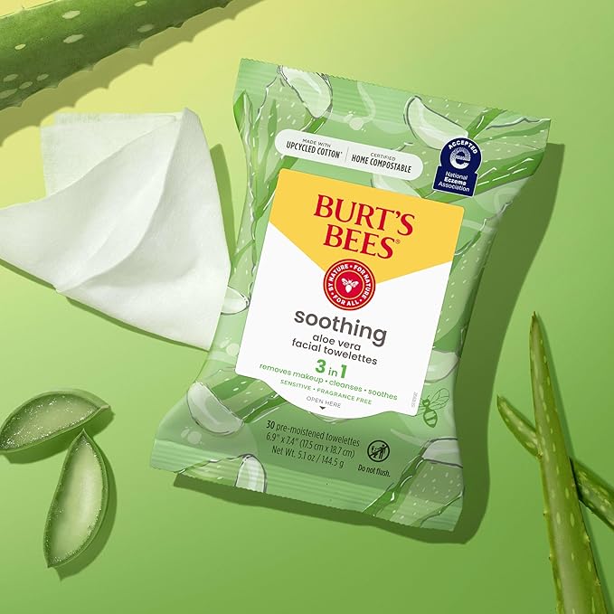 Burt's Bees Back To School Dorm Essentials, Aloe Vera Face Wipes, for Sensitive Skin, Soothing Makeup Remover & Facial Cleansing Towelettes, 30 Ct. (3-Pack)