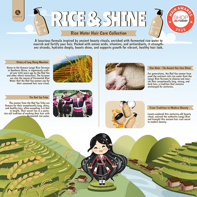 Luseta Rice Water Shampoo and conditioner Set Strengthening & Nourishing Revitalizes Shine for All Hair Types Hydrating & Frizz Control for Women and Men 16.9oz*2