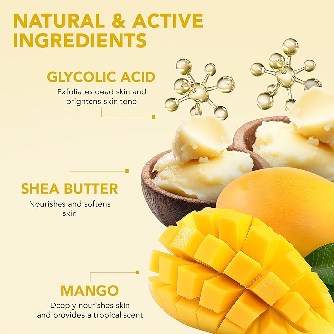 Botanic Hearth Mango Swirl Body Scrub - 8.8 fl oz - Exfoliating & Moisturizing Scrub for Smooth, Radiant Skin - Infused with African Shea & Glycolic Acid | 3 in 1 Scrub