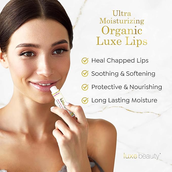 Luxe Beauty No-Beeswax, No-Petroleum Organic Lip Moisturizer for Very Dry Lips - Lip Care for Sun/Wind Damage, Dryness, and Chapping – 4-Pack Hydrating Lip Care Products That Work Over/Under Lipstick