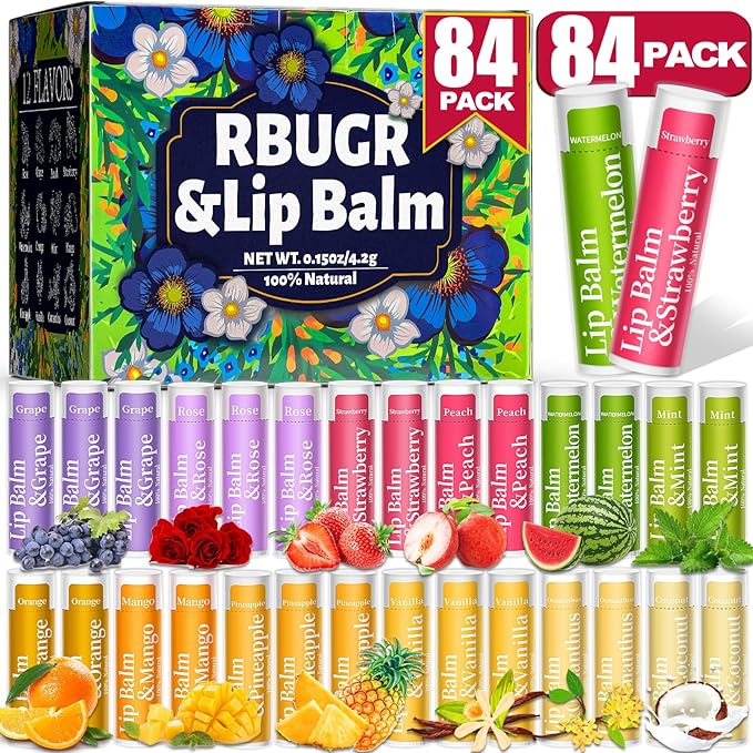 84 Pack of Lip Balm, 12 Flavored Lip Balms Natural Organic Vitamin E Lip Balm Pack for Dry Cracked Lips, Moisturising Lip Balm Bulk Gifts Stocking Stuffers Party Favors(4.2g/0.15oz)