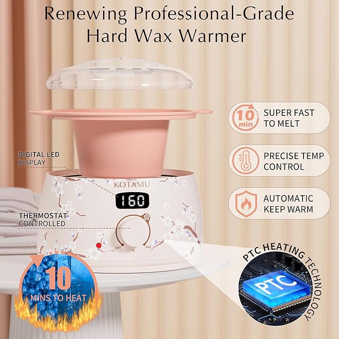 KOTAMU Waxing Kit for Women & Men, Wax Warmer for Hair Removal, Digital Wax Kit with Silicone Pot，Ideal for Face Eyebrow Arm Legs Armpit &Sensitive Skin, Cherry Waxing Machine for Home Salon Use