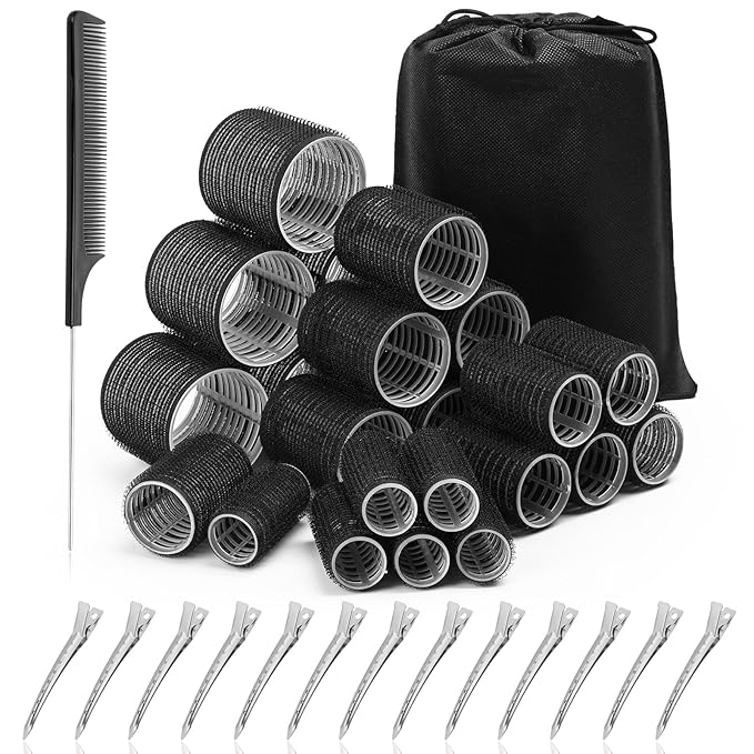 Acejoz Hair Rollers for Blowout Look, 38 Pcs Self Grip Hair Rollers Set with 4 Sizes, 12 Pcs Hair Clips, Comb and Storage Bag for Hair Volume (Black)
