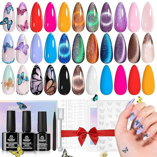 Beetles Cat Eye Gel Nail Polish Set, 15 Colors Gel Polish Nail Kit, Orange Glitter Purple White Blue Sparkle Uv Gel with Base & Top Coat & 3D Silicone Mold Nail Art for Decoration