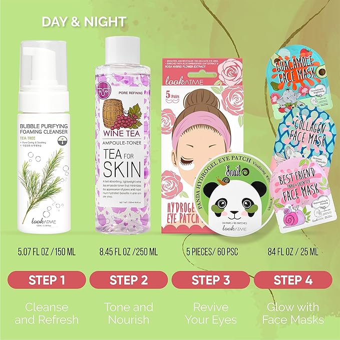 Korean Skin Care Set - Simplified Kbeauty Skincare Kits - Asian Skincare Facial Kit & Sets with Water Based Cleanser, Essence Toner, Under Eye Patches, Face Mask Sheets, Self Care Gifts For Women