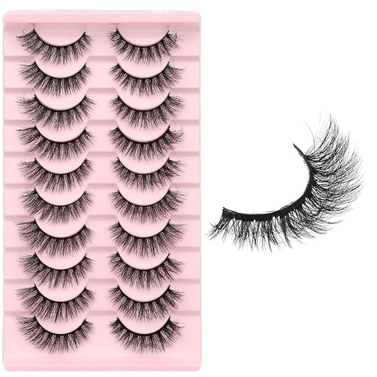 Cat Eye False Eyelashes – Natural Look, Wispy & Lightweight Glue-On Lashes, Reusable Fake Eyelashes for Everyday & Party Makeup (10 Pairs)