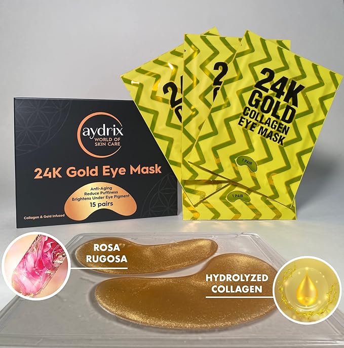 24K Gold Under Eye Mask Treatment - Corrects Puffy Eyes, Dark Circles - Reduces Wrinkles, Fine Lines and Hydrates Your Skin - 15 Golden Eye Mask Pairs