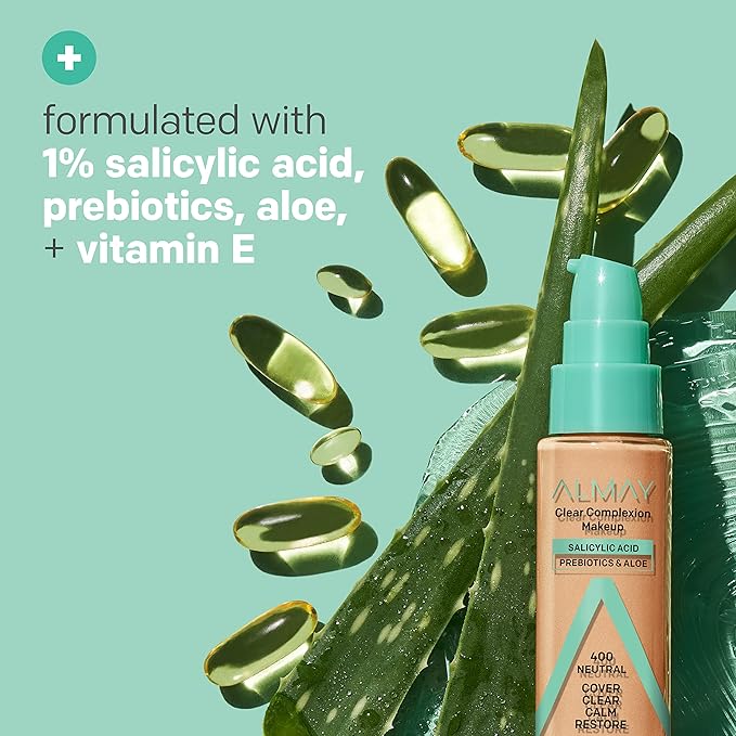 Almay Clear Complexion Acne Foundation Makeup with Salicylic Acid - Lightweight, Medium Coverage, Hypoallergenic, Fragrance-Free, for Sensitive Skin, 800 Caramel, 1 fl oz.