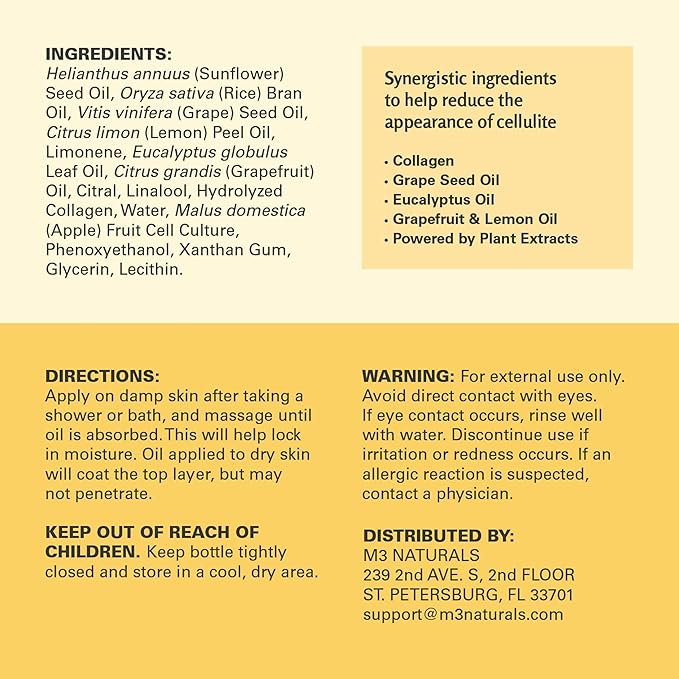 M3 Naturals Firming Body Massage Oil with Collagen & Stem Cell – Helps Smooth The Appearance of Cellulite & Improve Skin Texture – Refreshing Aromatherapy Body Oil for Legs & Full Body – 16 Fl Oz