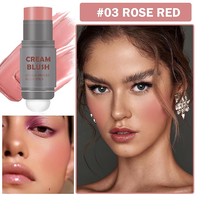 Cream Blush Stick with Sponge 3 in 1 Multi-Use Blush Makeup Stick Long Lasting Waterproof Natural Matte Cream Blush Stick for Cheeks, Lips and Eyes - Rose Red