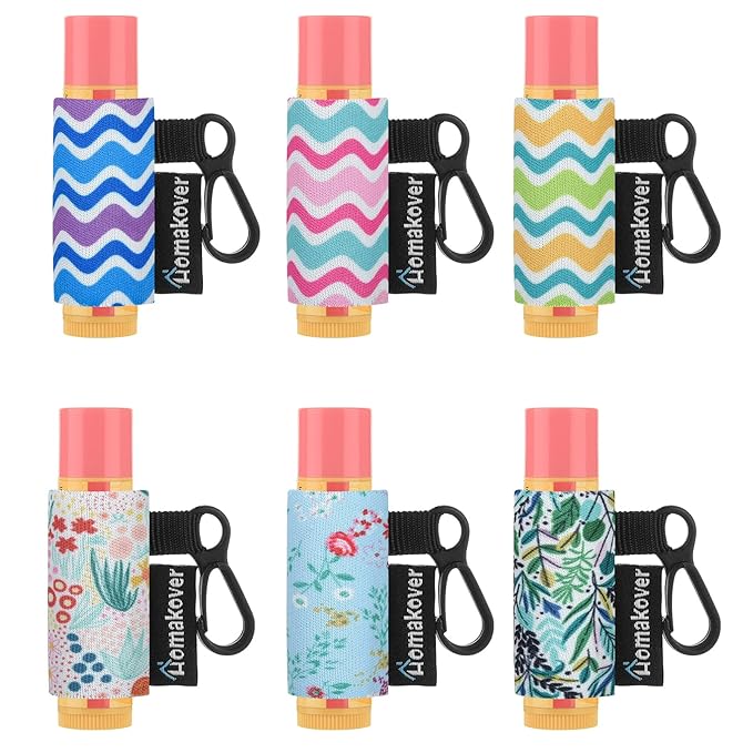 6 Pack Compact Clip-On Chapstick Holder Premium Release Clip Neoprene Sleeve Lip Balm with Clip Fits Most Standard Lip Balm, Large