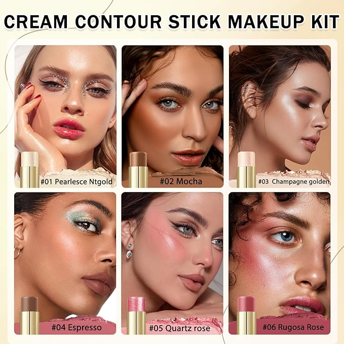 6 Colors Cream Contour Stick Makeup Kit, Double-ended Cream Highlighter Stick Bronzer and Blush Stick for Sculpt the Cheeks, Matte & Dewy Finish, Face Contour Kit for Beginners, Set B