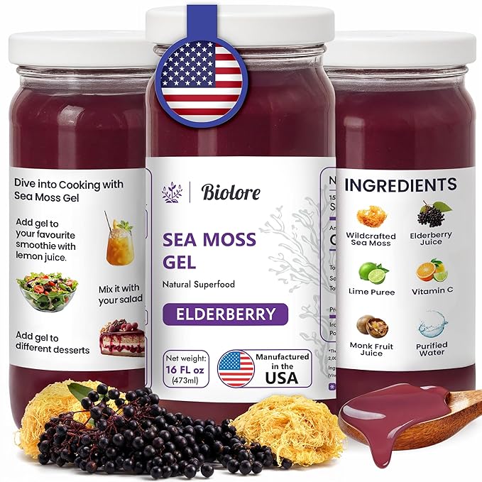 Biolore Sea Moss Gel - Elderberry 16oz, Wildcrafted Irish Seamoss with Essential Vitamins & Trace Minerals, Vegan Superfood Made in USA
