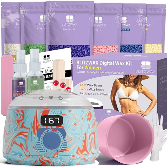 BLITZWAX Brazilian and Bikini Waxing Kit for Women, Hard Wax Warmer for Face, Legs and Body, At Home Hair Removal Kit, Beginner Friendly, Effective on Coarse Hair, Pool Swirl Design