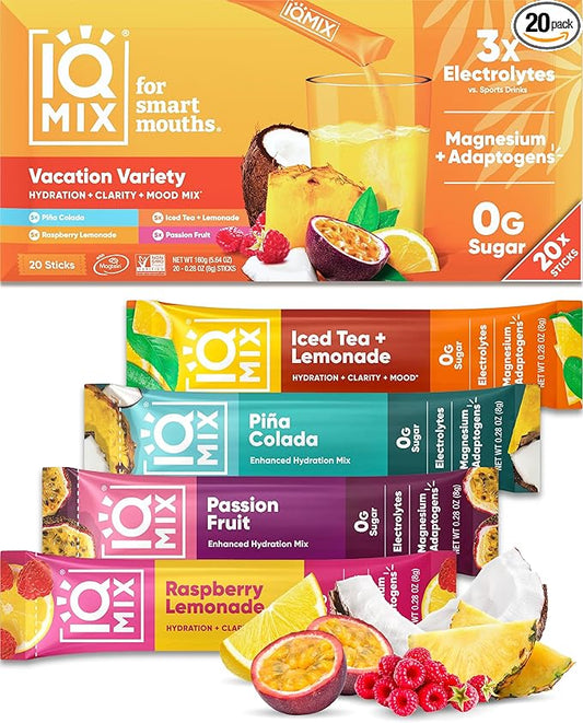 IQMIX Hydration Electrolyte Powder – 4-in-1 Formula for Hydration, Mental Clarity, Mood and Recovery – Sugar-Free Drink Mix, Keto, Magnesium L-Threonate, Lion’s Mane – 20 Count Vacation Variety Pack