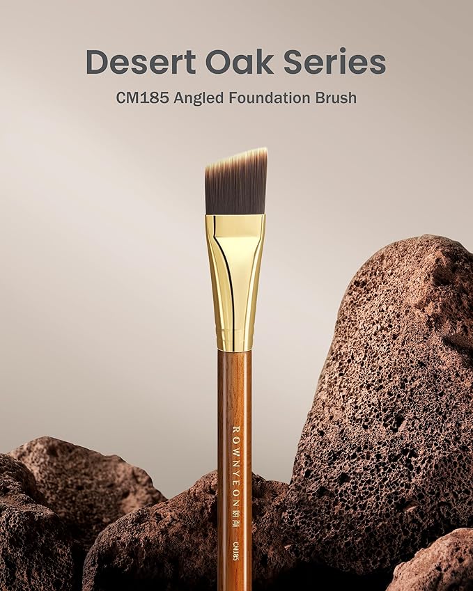 Desert Oak Series Angled Foundation Brush - 20mm Thin Contour Head for Cream/Stick Foundation, Precision Buffing & Detailing, Bubinga Handle & Brass Ferrule (CM 185)