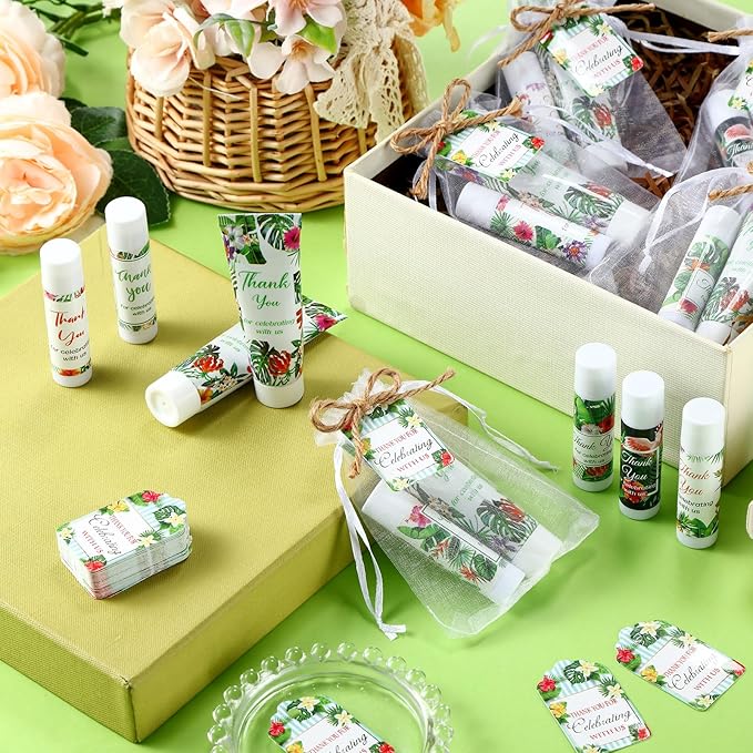 200 Pcs Baby Shower Wedding Party Favors Gift Set, 50 Pcs Baby Shower Hand Cream and 50 Lip Balm for Wedding Bridesmaid Guests Gift Supplies with 50 Organza Bag 50 Thank You Tag(Tropical)